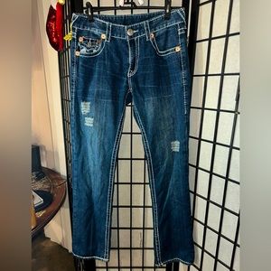 True Religion Distressed Bootcut Women’s Jeans Size 32 Embellished White Stitch
